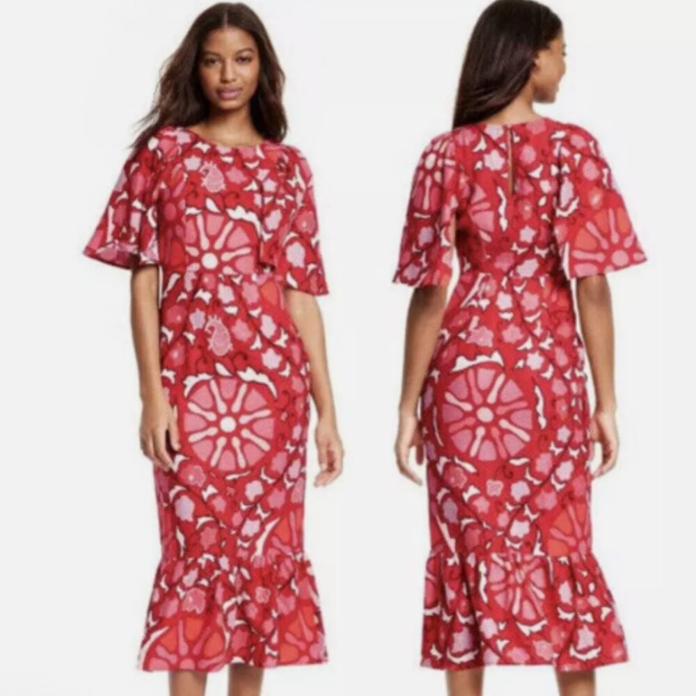 Rhode x Target 2023 Collab: Pink and Red Zinnia Print Bell Sleeve Zinnia Dress